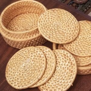 Boho Rattan/Wicker Coaster Set of 6  with Lidded Basket